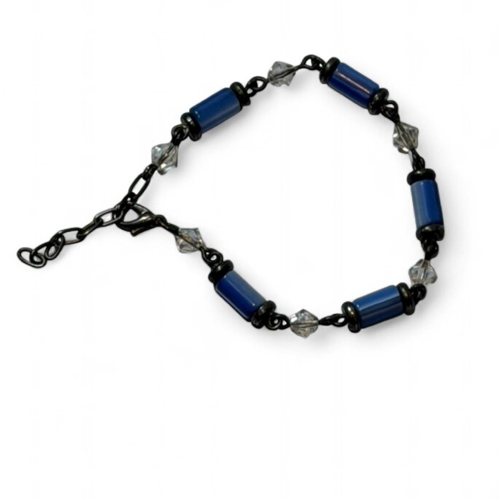 Vintage Y2K Artisan Blue Striped Lampwork Glass & Crystal‎ Beaded Bracelet